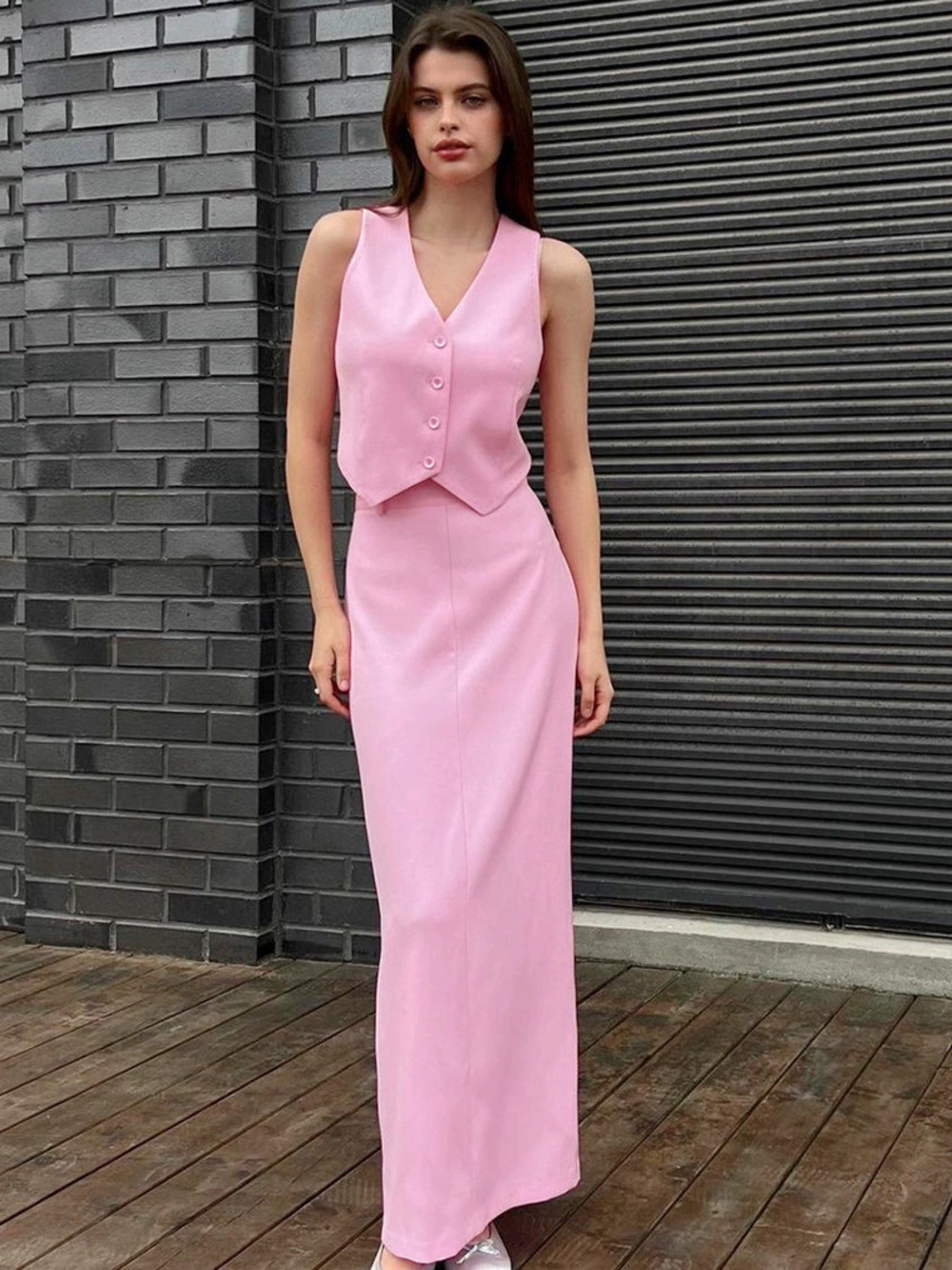 Forever 21 Pink Sleeveless Short Vest and Split Skirt Set Fall 2-Piece